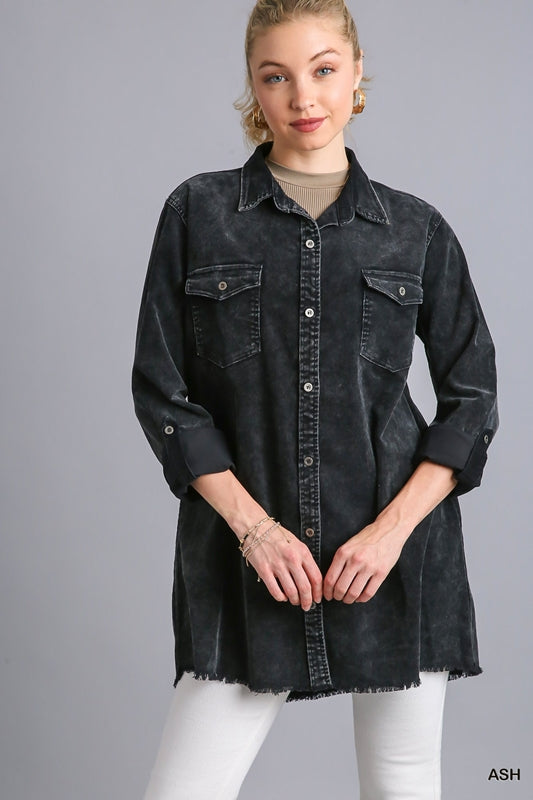 Umgee Stone Wash Denim Long Jacket Fray Hem - Ash Black