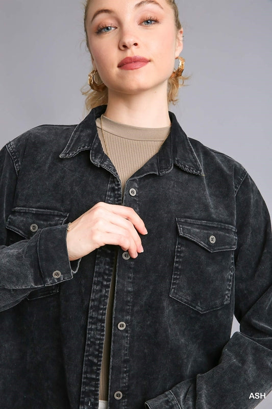 Umgee Stone Wash Denim Long Jacket Fray Hem - Ash Black