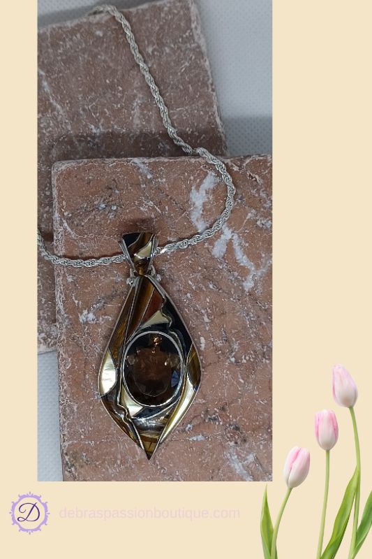 Large Tiger's Eye Smokey Quartz Pendant Necklace