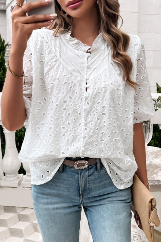 Amanda Eyelet Ruffle Blouse - White