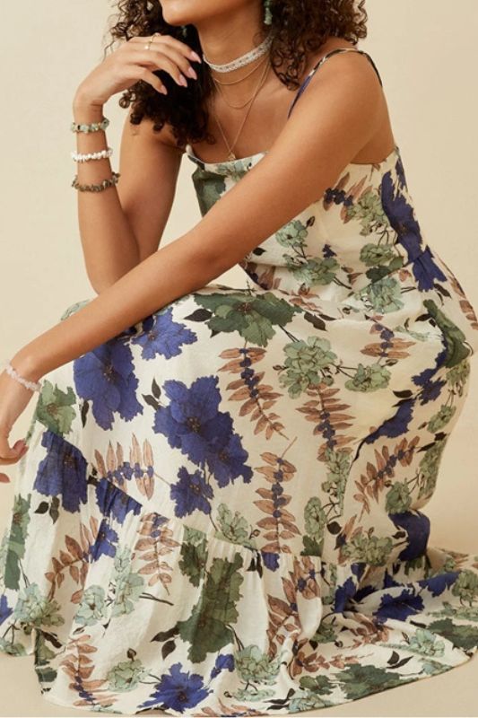 Hayden Smock Back Tiered Tank Midi Dress - Blue Mix