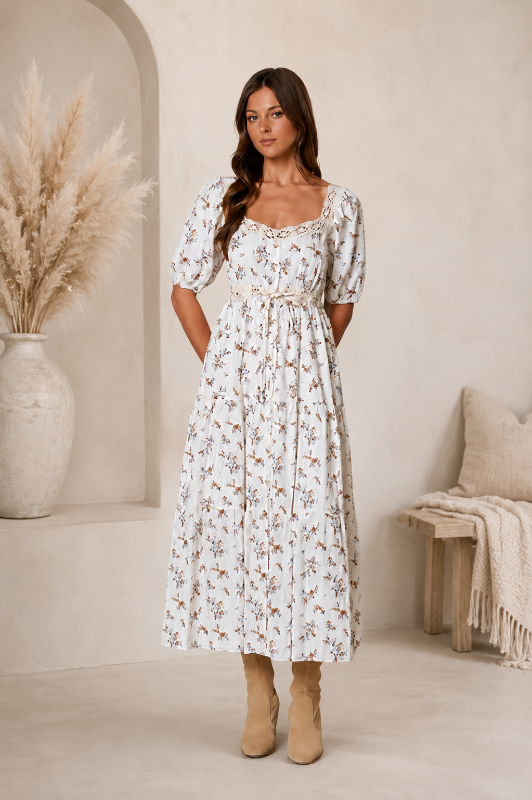Blu Pepper Swiss Dot Floral Midi Dress with Puff Sleeves – Cream Multi