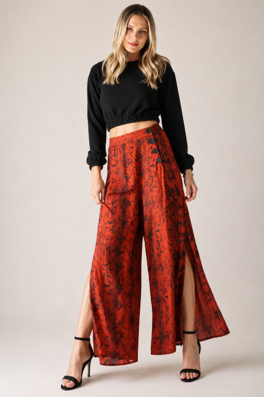 Angie Snakeskin Button Wide Pants - Rust