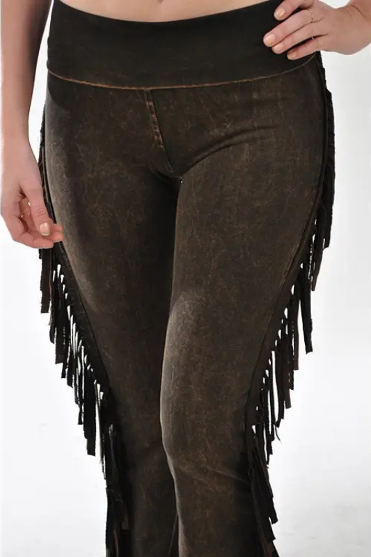 T Party Western Side Fringe Yoga Pants - Brown