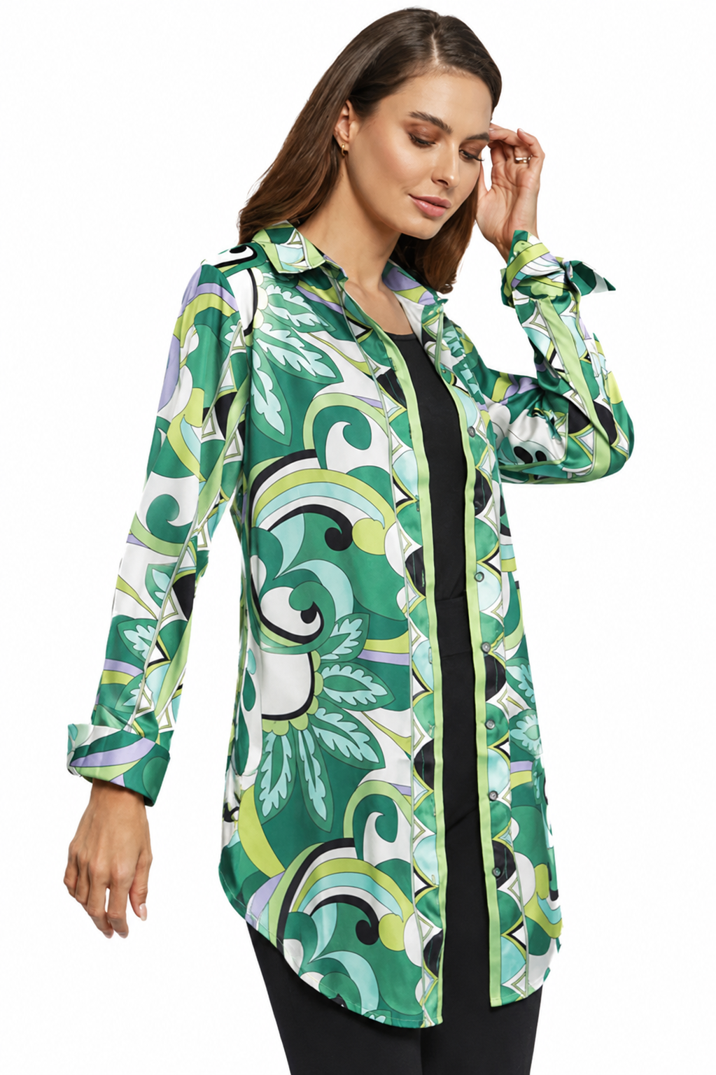 Adore Button Down Satin Bold Print Tunic Shirt Blouse - Gold Button Cuff