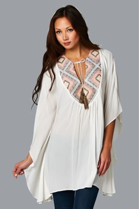 Love Stitch Embroidered Kaftan Top - Coral