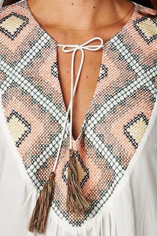 Love Stitch Embroidered Kaftan Top - Coral