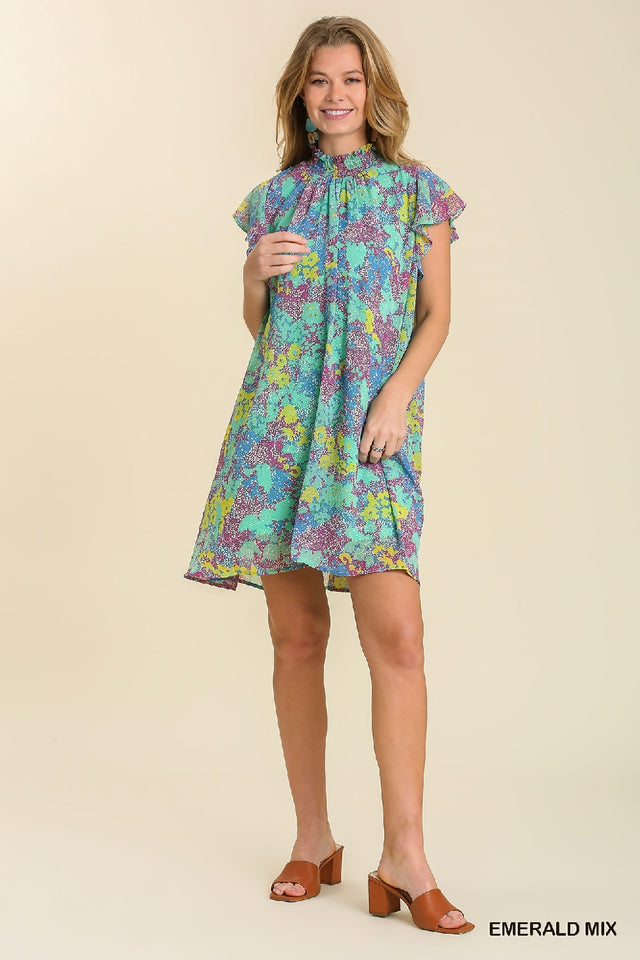 Umgee Abstract Print Mock Neck Dress - Emerald Mix