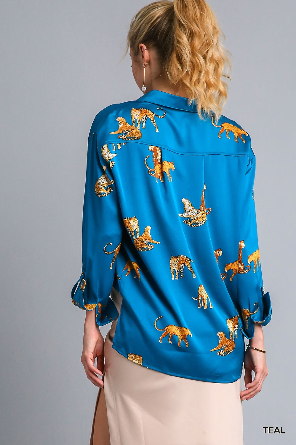 Umgee Satin Animal Print Blouse - Teal