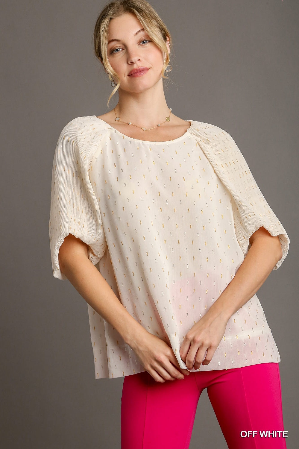 Umgee Metallic Foil Blouse - Off White
