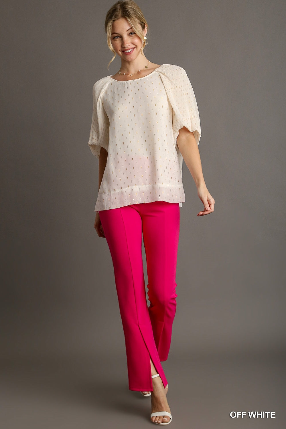 Umgee Metallic Foil Blouse - Off White