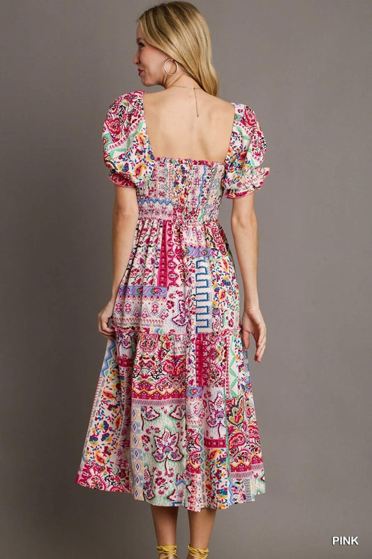 Umgee Mixed Print Midi Dress - Pink