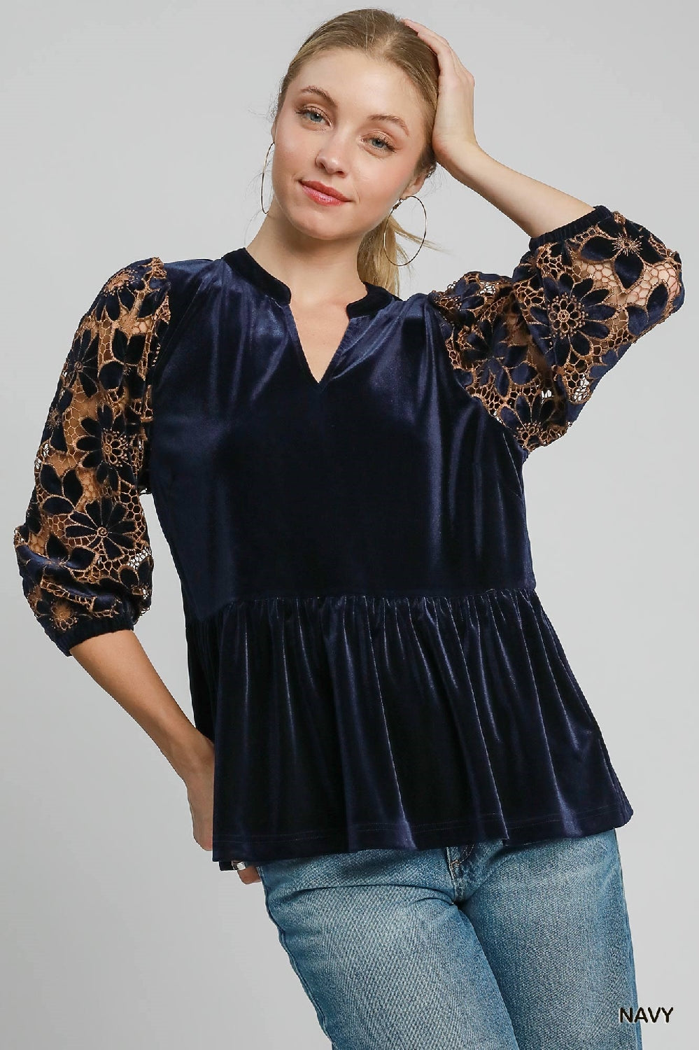 Umgee Velvet Lace Babydoll Blouse - Navy
