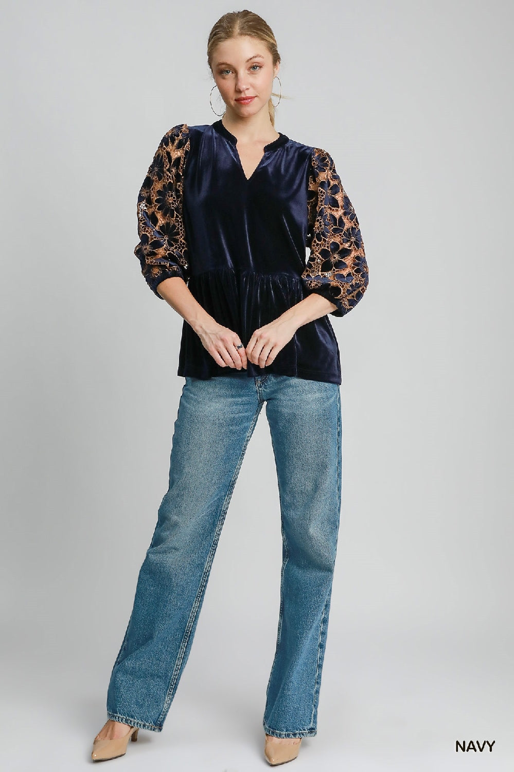 Umgee Velvet Lace Babydoll Blouse - Navy