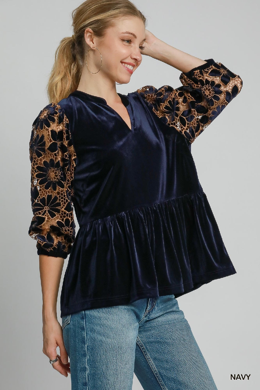 Umgee Velvet Lace Babydoll Blouse - Navy
