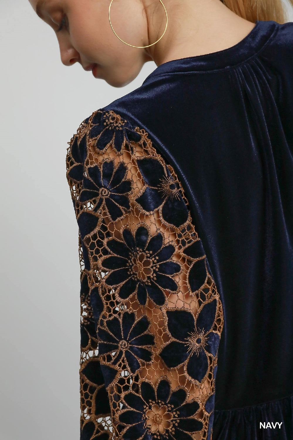 Umgee Velvet Lace Babydoll Blouse - Navy