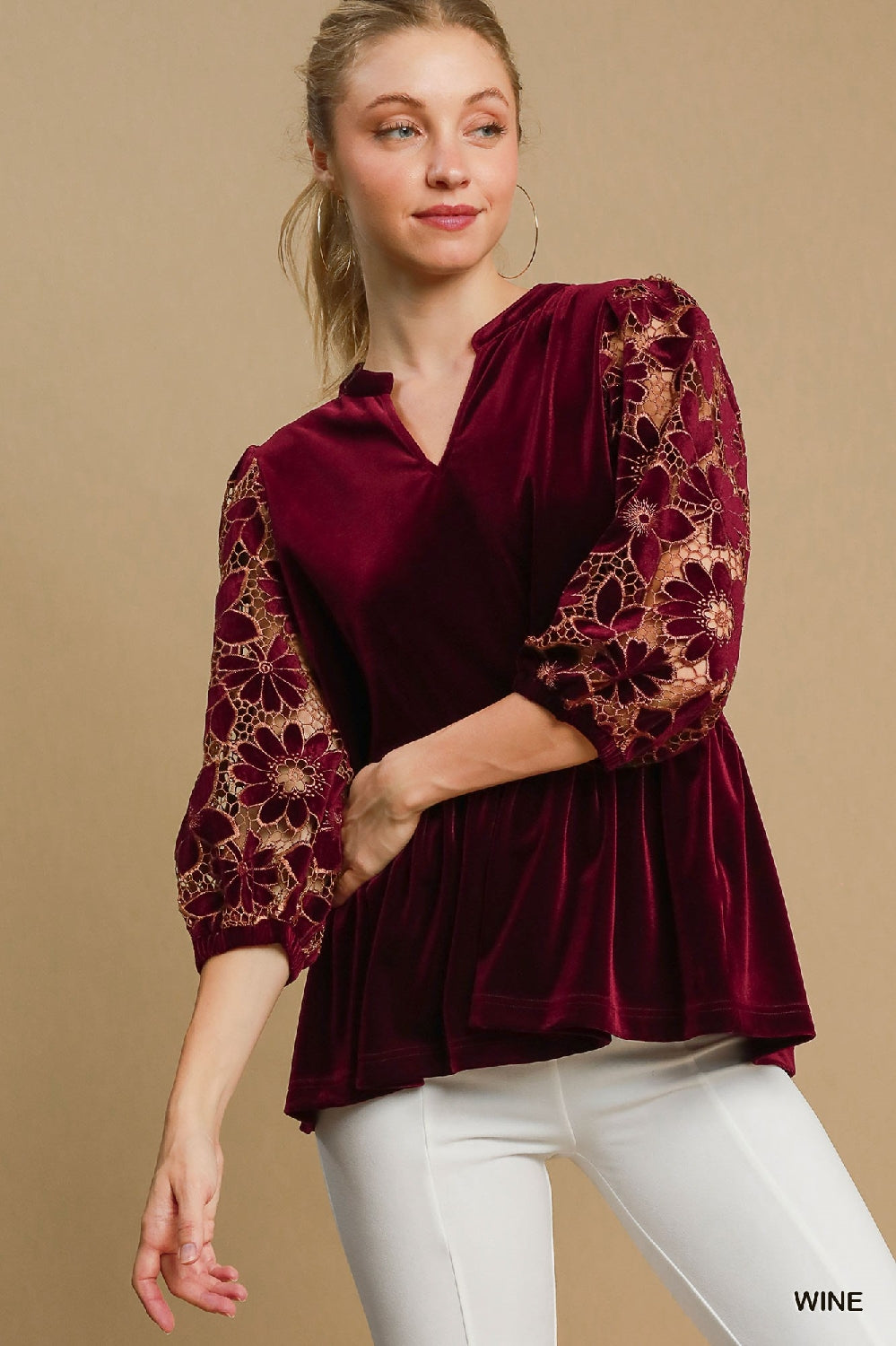 Umgee Velvet Lace Babydoll Blouse - Wine
