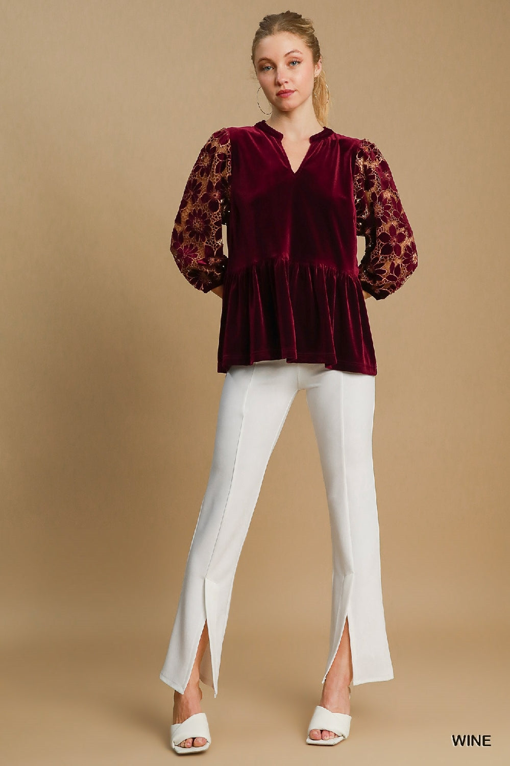 Umgee Velvet Lace Babydoll Blouse - Wine