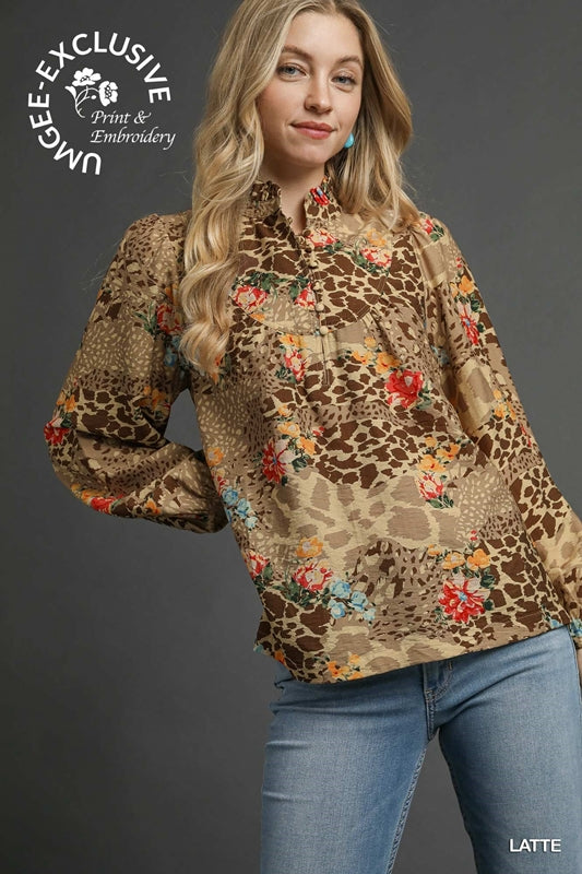 Umgee Copyright Animal Print Ruffle Top Blouse - Latte