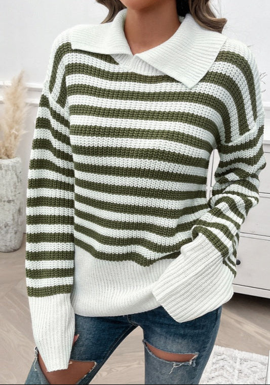 Lisa Striped Lapel Collar Pullover Knit Top - Army Green