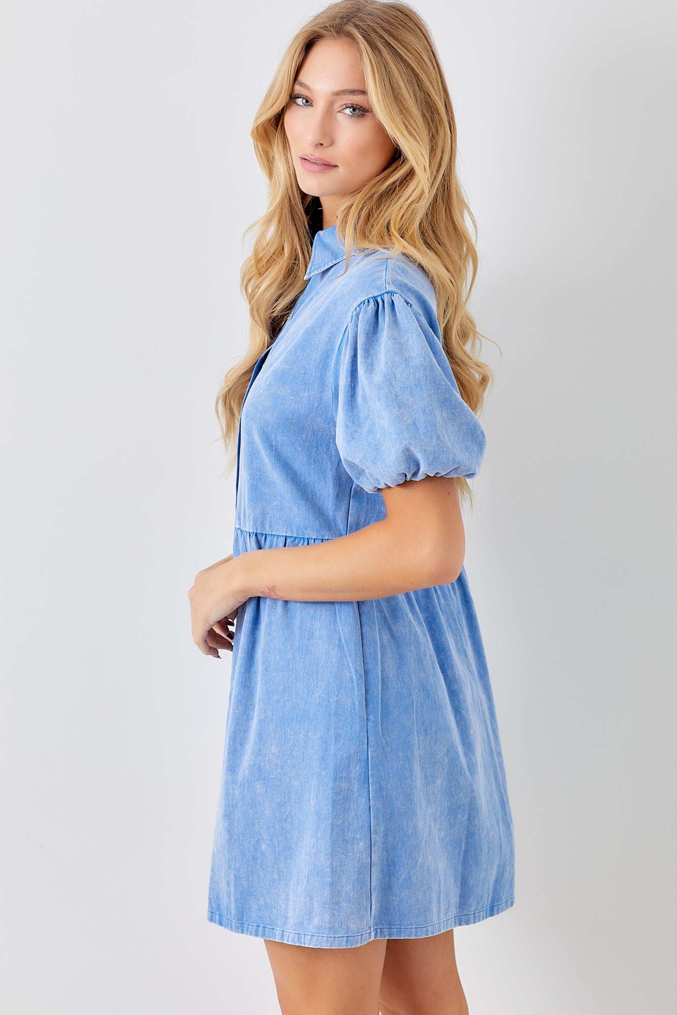 Baevely Pearl Snaps Mini Dress Puff Sleeves - Blue