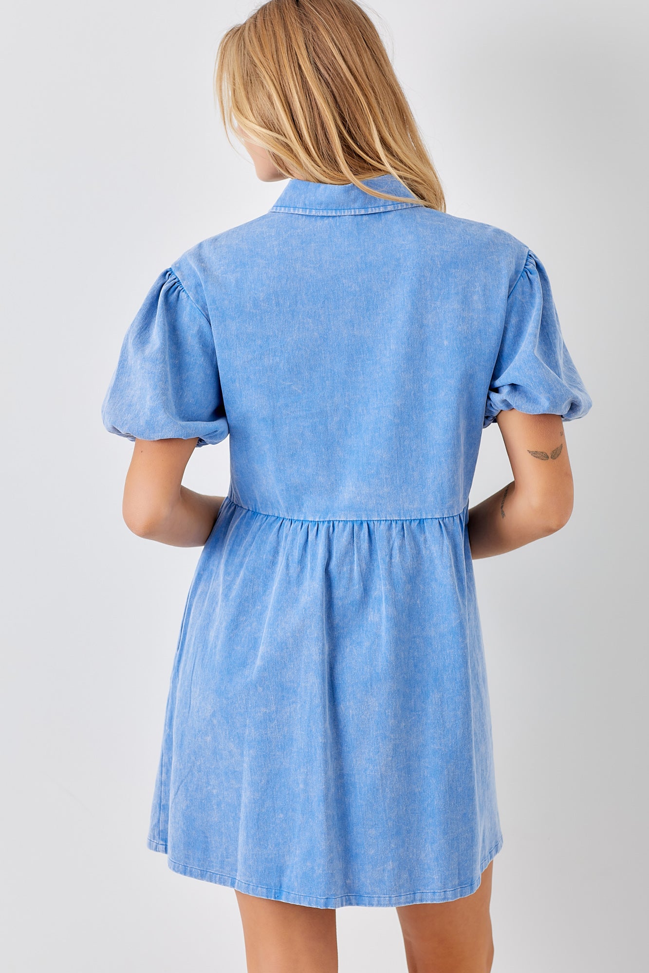 Baevely Pearl Snaps Mini Dress Puff Sleeves - Blue