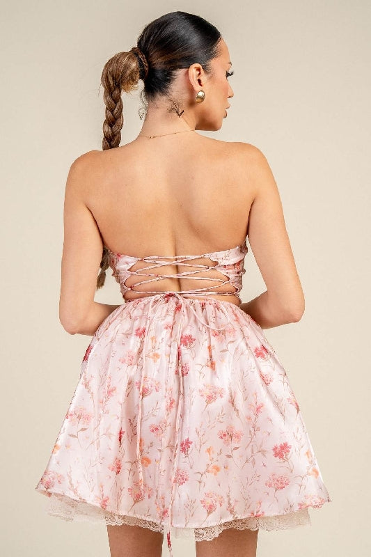 Floral Corset Clear Sequin Bodice Lace-Up Back Mini Dress - Baby Pink