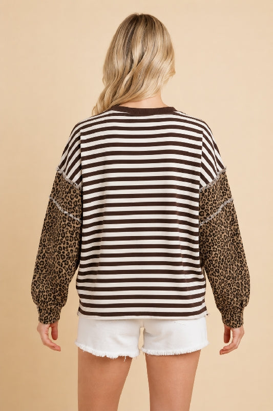 Leopard Patchwork Sleeve Striped Knit Top - Dk Brown
