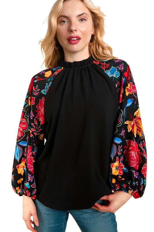 Frilly Mock Neck Top Floral Sequin Print - Black