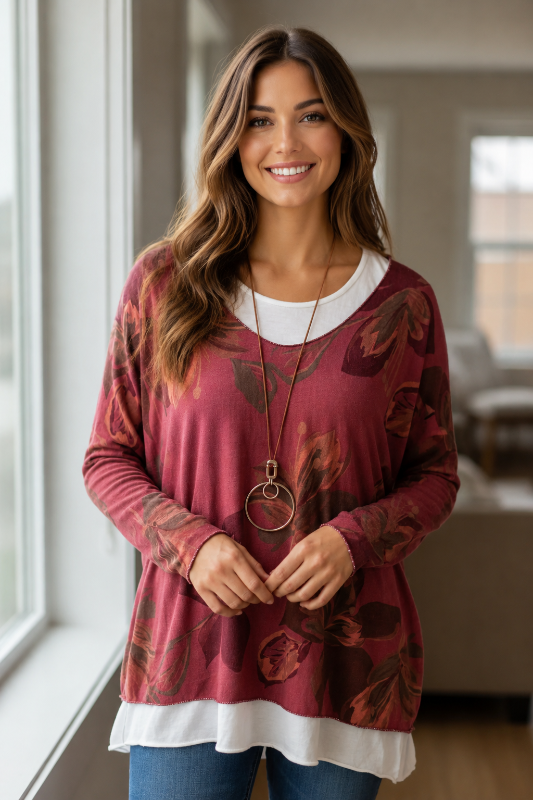 Catherine Lillywhite Made in Italy Floral Layered Tunic Top with Necklace – Rosewood