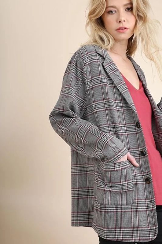 Umgee Plaid Blazer Jacket - Black/Red