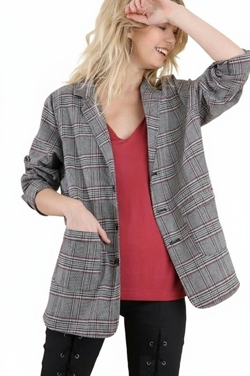 Umgee Plaid Blazer Jacket - Black/Red