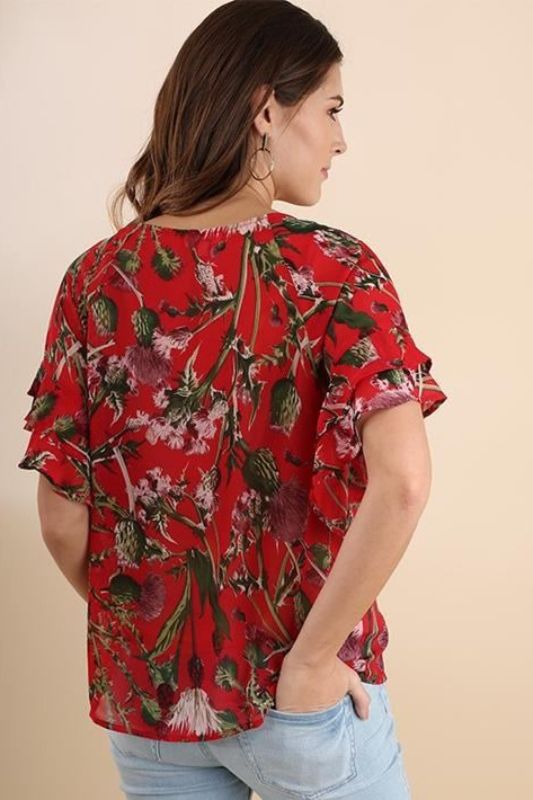 Umgee Floral Print Blouse - Chili Powder