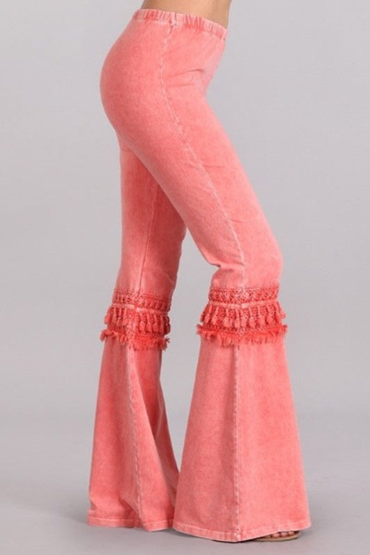 Chatoyant Mineral Wash Bell Bottom Knee Tassel Pants