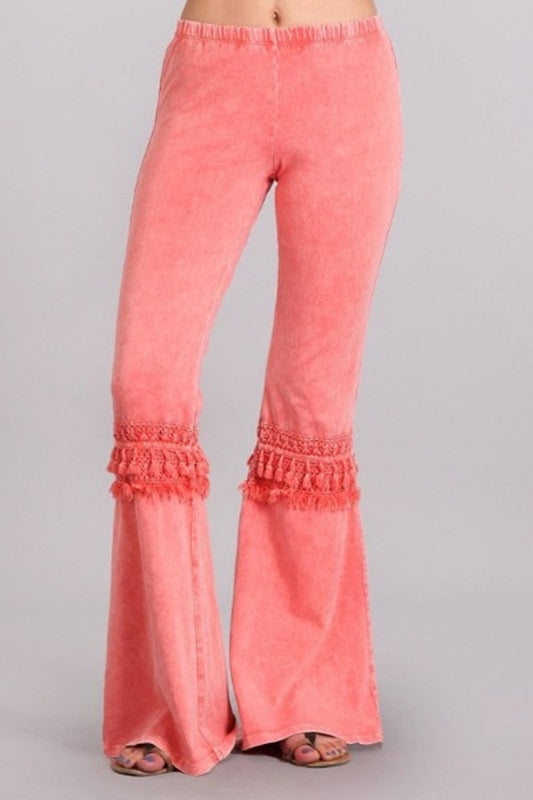 Chatoyant Mineral Wash Bell Bottom Knee Tassel Pants