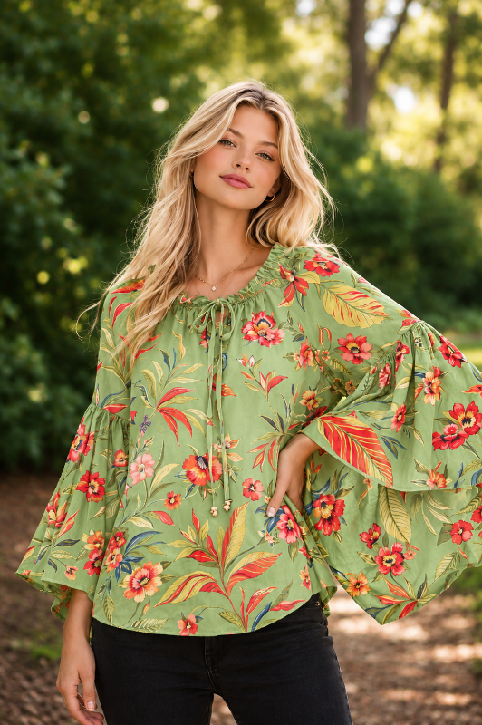 Angie Boho Bell Sleeve Green Top