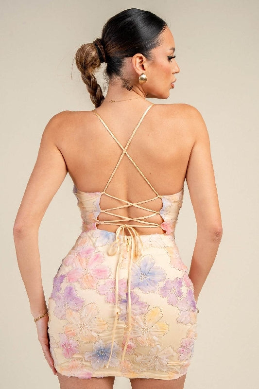 Floral Beaded Back Lace Up Mini Dress - Pastel