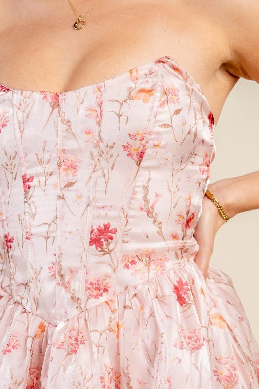 Floral Corset Clear Sequin Bodice Lace-Up Back Mini Dress - Baby Pink