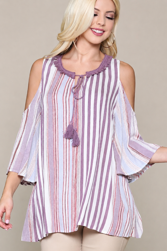 Gigio Lavender Stripe Cold Shoulder Tassel Tunic Top