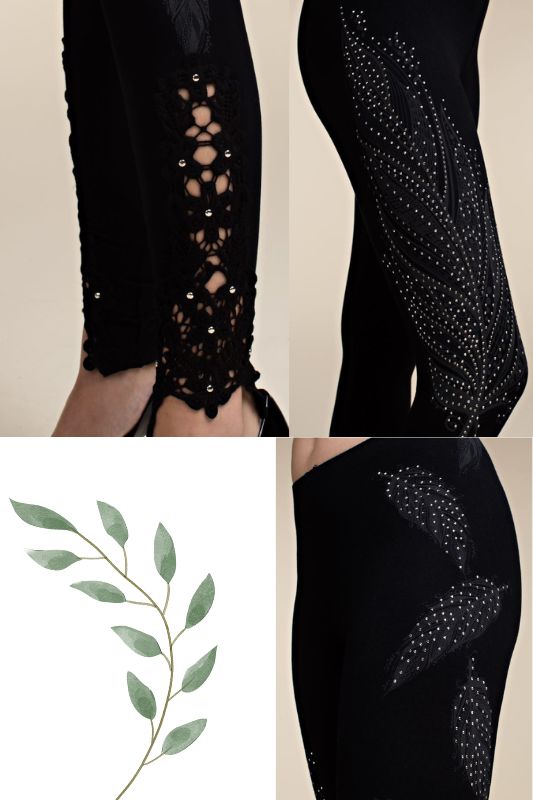 *SALE Vocal Leaf Print Rhinestone Leggings - Black