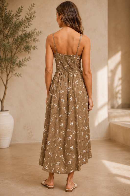 Blu Pepper Brown Multi Floral Eyelet Cotton Midi Dress