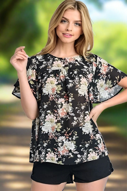 Doe & Rae Floral Flutter Blouse - Black