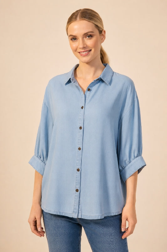 Tencel Oversized Button Front Blouse – Chambray Blue