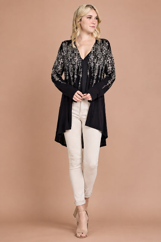 Vocal Crosses Multicolor Rhinestones Hi Lo Cardigan - Black