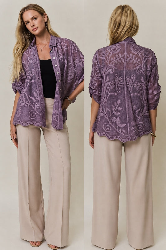 Adora Lavender Cotton Embroidered Button-Up Shirt