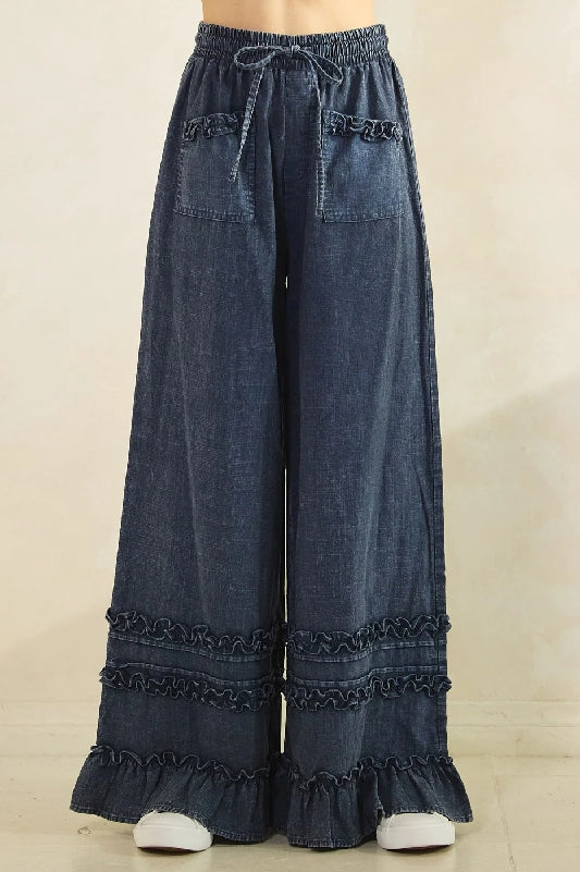 Mittoshop Mineral Wash Ruffle Trim Wide Leg Pants - Blueberry