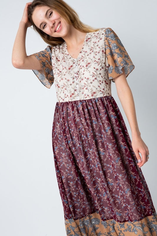 Polagram Mixed Prints Ruffle Hem Midi Dress - Multi