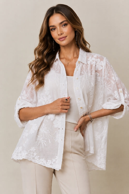 Adora White Floral Embroidered Cotton Button-Up Shirt