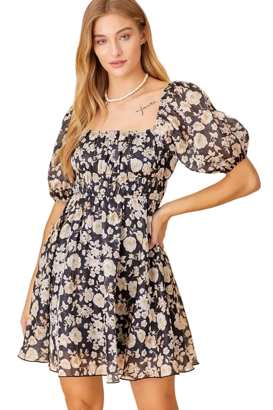 Baevely Babydoll Shine Floral Dress Square Neck - Black
