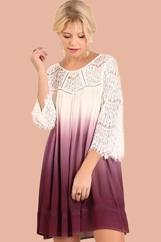Umgee Ombre Lace Bell Sleeve Dress - Purple